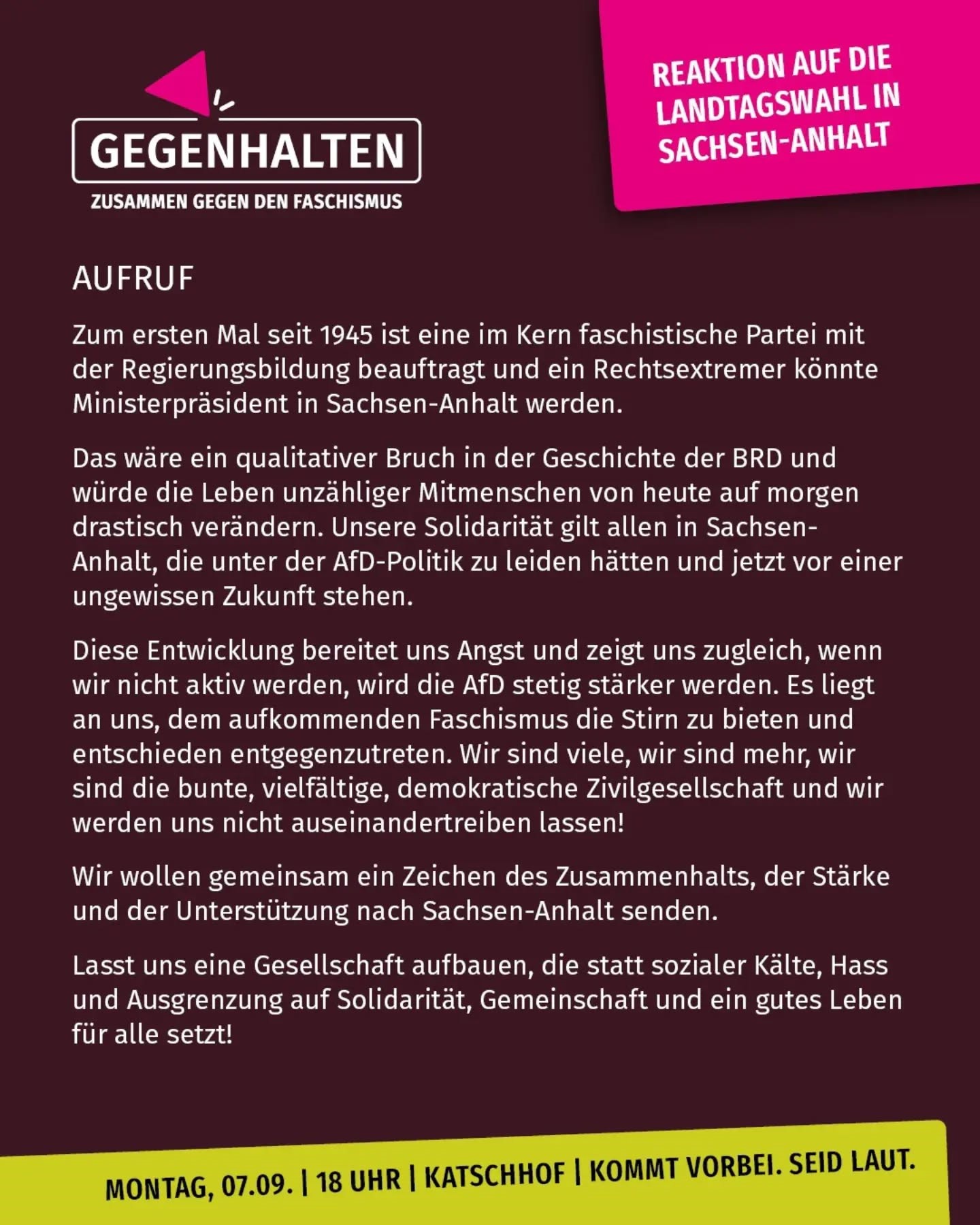 Demo 07.09.2026 | 18 Uhr | Katschhof Aachen (c) Gegenhalten - zusammen gegen den Faschismus