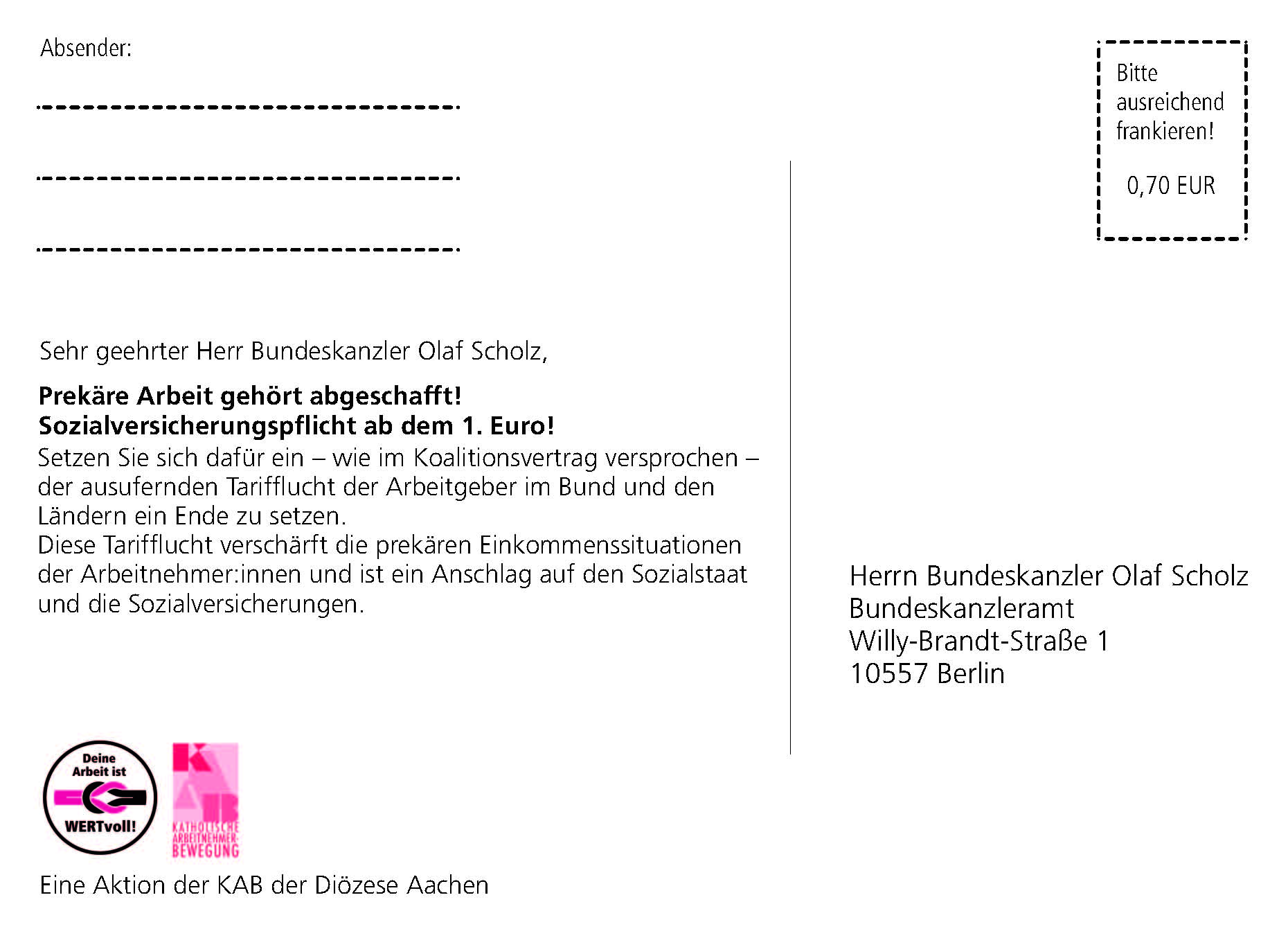 Postkarte an Bundeskanzler Olaf Scholz: Stimme gegen prekäre Arbeit (c) KAB